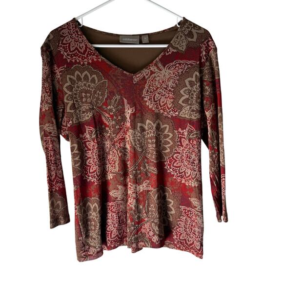Croft & Barrow Y2k Size XL Brown Red Boho Floral Mesh Long Sleeve Top‎ - Picture 1 of 8